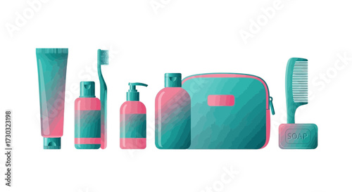 Essential travel kit, featuring toothbrush, toothpaste and cosmetic bag illustration