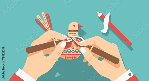 This flat design illustration depicts skilled hands engaged in the creation of a piece of folk art, symbolizing craftsmanship and the preservation of traditional techniques in a modern context.