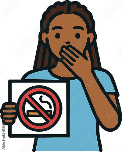 Woman holding no smoking sign and covering mouth