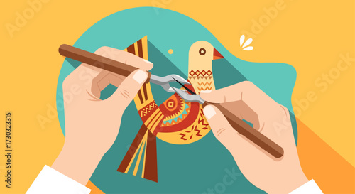 This flat design illustration depicts skilled hands engaged in the creation of a piece of folk art, symbolizing craftsmanship and the preservation of traditional techniques in a modern context.