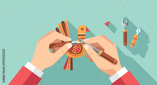 This flat design illustration depicts skilled hands engaged in the creation of a piece of folk art, symbolizing craftsmanship and the preservation of traditional techniques in a modern context.