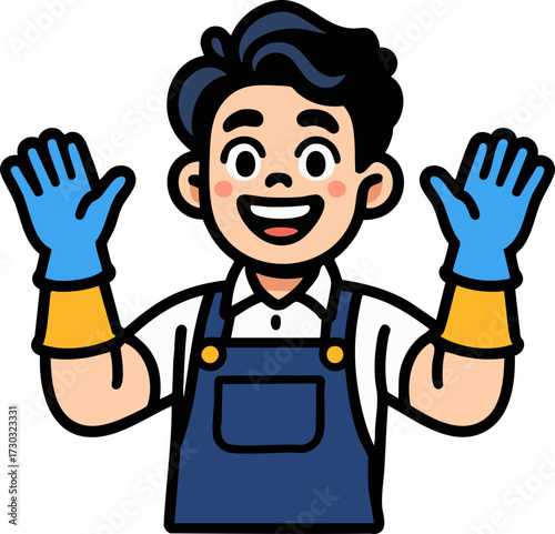Smiling man in gloves representing cleanliness and hygiene