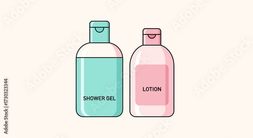 Illustrated bottles of shower gel and lotion for personal hygiene routine