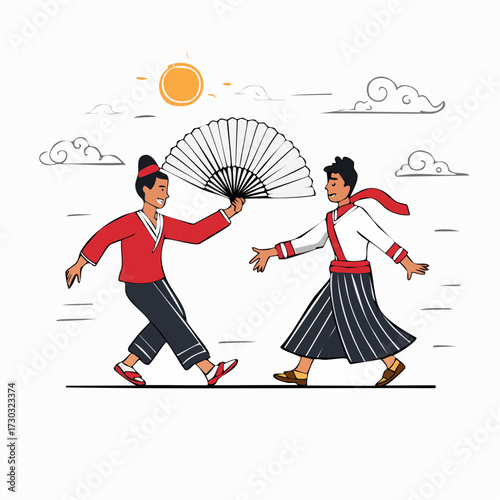 Two Asian Men Performing Traditional Fan Dance with Dynamic Pose Line Art