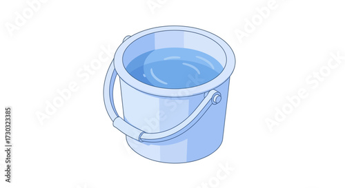Illustration of a blue plastic bucket filled with clear water on white