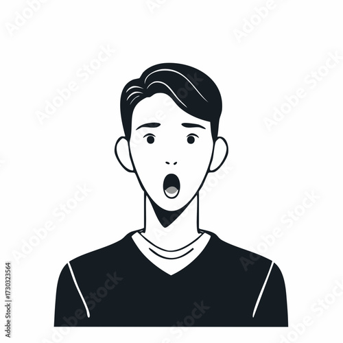 Asian Man Portrait with Shocked or Surprised Expression Line Art