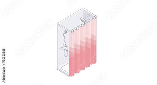Isometric Bathroom Stall Illustration with Pink Curtain Design Elements