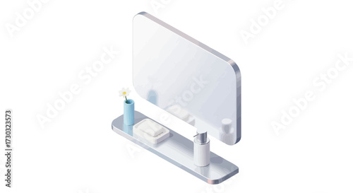 Isometric bathroom scene with mirror, soap, lotion and floral accents