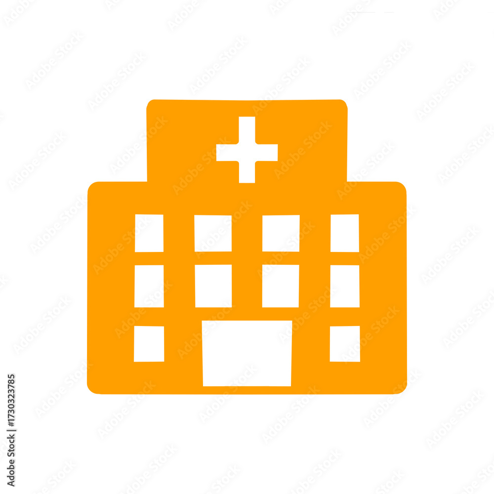 Obraz premium Hospital building icon with medical cross / 十字マーク付き病院建物のピクトグラム 