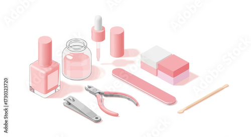 Isometric illustration of beauty tools and products for manicure pedicure