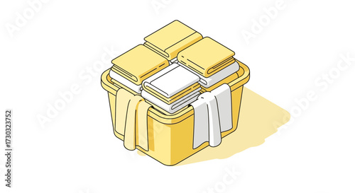 Isometric laundry basket with folded clothes, freshly laundered linen