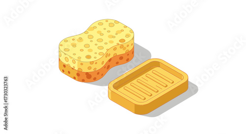 Isometric illustration showcasing bath sponge and soap dish on a white background