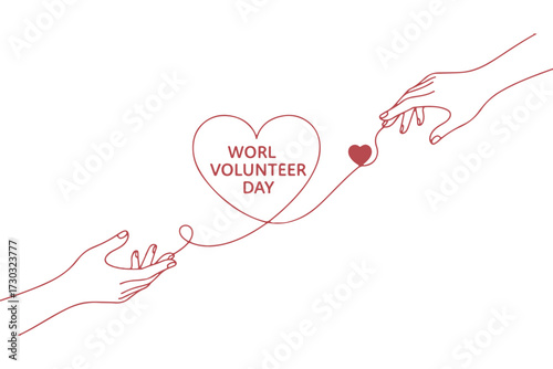 Hands reaching out to connect with a heart and thread, symbolizing volunteerism and global connection world kindness day design