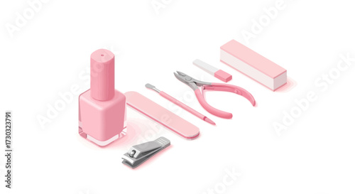 Isometric manicure kit with pink nail polish and tools isolated on white
