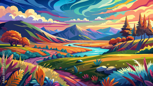 Expressive landscape painting with vibrant colors and wild grass, artistic brushstrokes create depth, natural scenery glowing with sunlight, abstract yet realistic, textured canvas impression, harmony