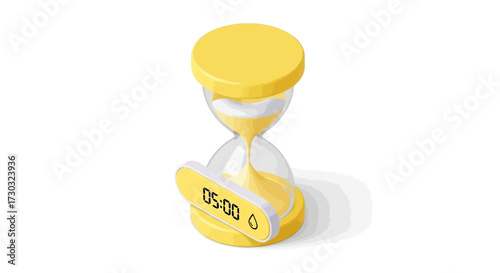 Isometric yellow hourglass with digital display showing 05 minutes remaining