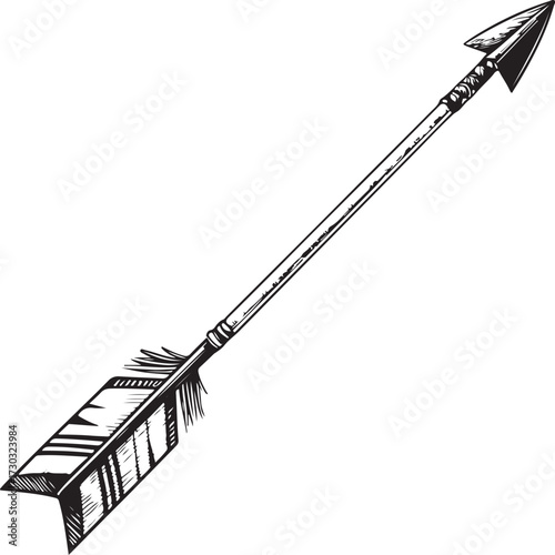 Bow Arrow Hand-drawn Sketch Drawing Vector Illustration, Line Linear Symbol Engraving Coloring Book, Black and White Isolated