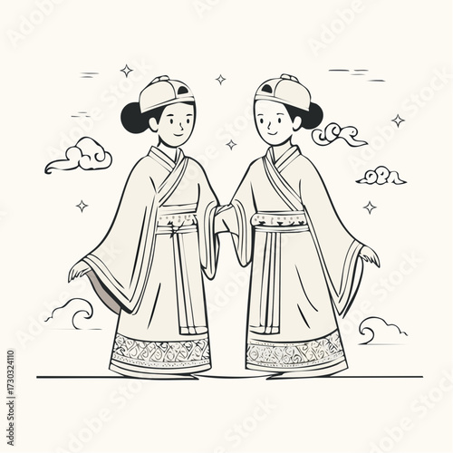 Asian Ethnic Women in Traditional Headwear and Dress Illustration