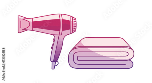 Minimalist illustration featuring a hairdryer and folded towel with gradients