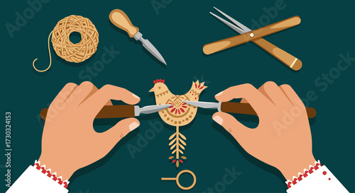This flat design illustration depicts skilled hands engaged in the creation of a piece of folk art, symbolizing craftsmanship and the preservation of traditional techniques in a modern context.