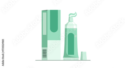 Minimalist illustration showcasing a tube of mint toothpaste and its packaging