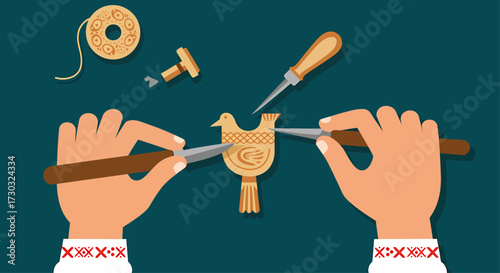 This flat design illustration depicts skilled hands engaged in the creation of a piece of folk art, symbolizing craftsmanship and the preservation of traditional techniques in a modern context.