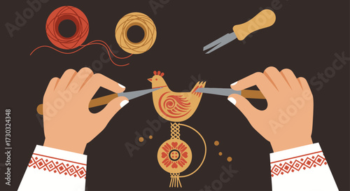 This flat design illustration depicts skilled hands engaged in the creation of a piece of folk art, symbolizing craftsmanship and the preservation of traditional techniques in a modern context.