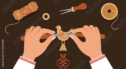 This flat design illustration depicts skilled hands engaged in the creation of a piece of folk art, symbolizing craftsmanship and the preservation of traditional techniques in a modern context.