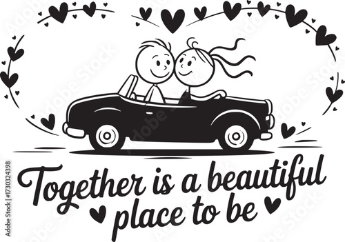 Together is a beautiful place: An intimate illustration of a couple embracing a life of love and romance. The artwork conveys a story of companionship and joy, symbolizing unity.