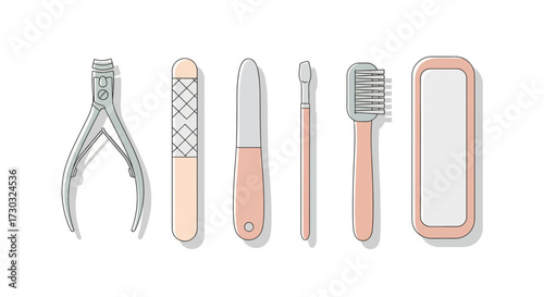 Modern minimalist manicure tools illustration in soft pastel color palette