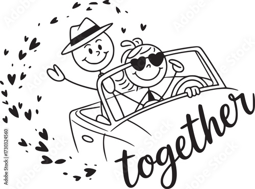 Together in Love: A whimsical illustration captures the essence of togetherness, depicting a stick-figure couple joyfully driving a convertible car, surrounded by a trail of charming hearts.