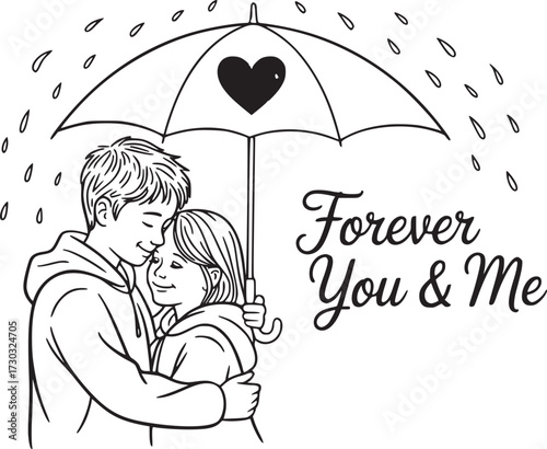 Forever You & Me: A tender embrace beneath an umbrella, the rain a gentle backdrop to a love story that will last forever. The design exudes warmth and the beauty of a bond.