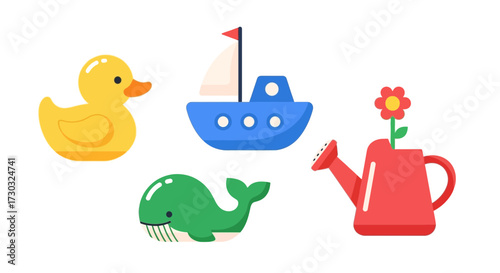 Playful Water Themed Illustration of Toy Objects on a Plain Background