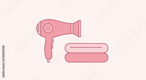 Simple illustration of a pink hair dryer and stack of folded towels
