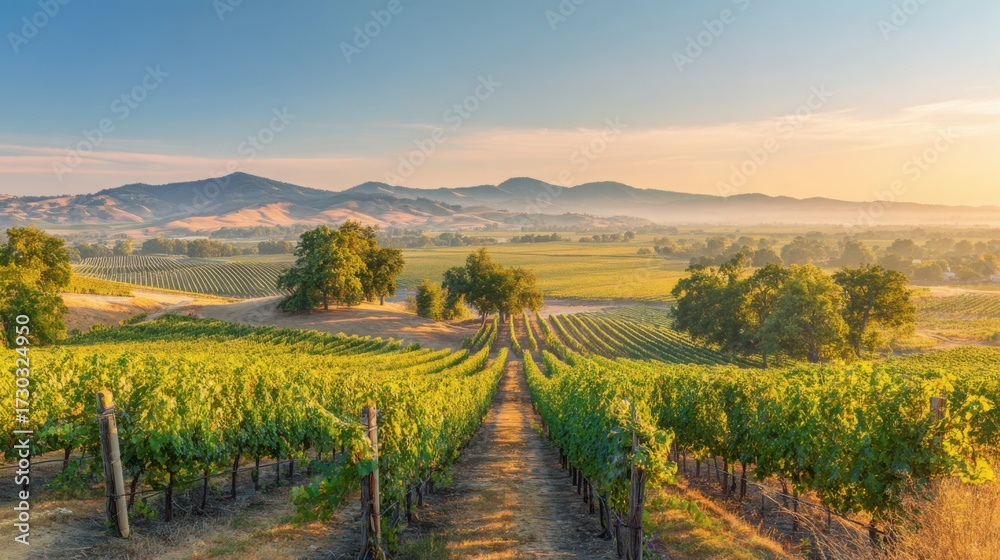 Fototapeta premium vineyard. Golden hour vineyard landscape with rows of grapevines extending toward rolling hills, travel magazines, destination branding, designed for outdoor magazines and nature guides.