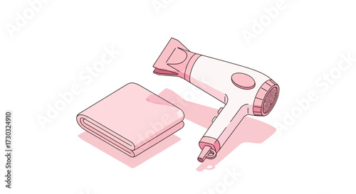 Stylish illustration of pink hair dryer and folded towel for beauty routine