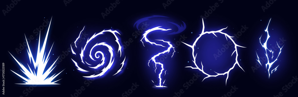 Fototapeta premium Manga thunder effect builds comic lightening bolt lightning vector art. Manga thunder crack forms circle or spiral bg. Power strike sprite for game, magic attack, digital flare or storm burst.