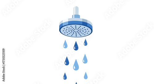 Stylized illustration of a blue shower head with falling water droplets