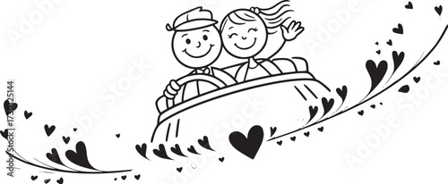 Romantic Car Ride: Two cheerful figures, nestled in a charming car, embark on a journey of love. Heart-shaped adornments trail, embodying the essence of romance and togetherness.