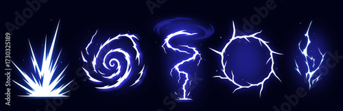 Manga thunder effect builds comic lightening bolt lightning vector art. Manga thunder crack forms circle or spiral bg. Power strike sprite for game, magic attack, digital flare or storm burst.