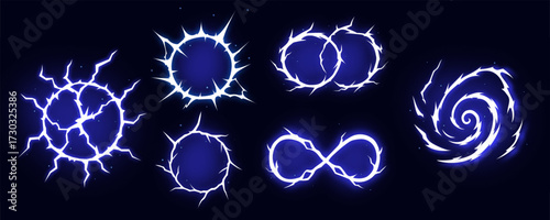 Manga thunder effect arranges comic bolt lightning vector crack. Manga thunder circle and infinity bg template fit storm strike. Digital vfx asset for game burst, cartoon frame or power attack.
