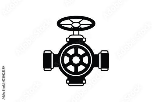 Detailed industrial valve illustration with a central wheel and pipe connections silhouette