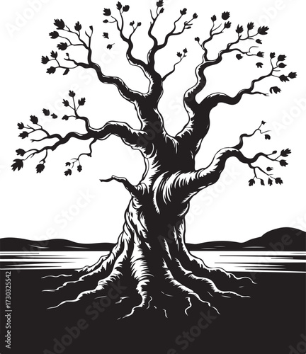 tree, silhouette, vector, nature, illustration, art, branch,  drawing, 