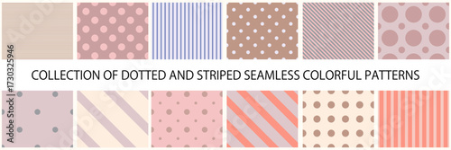 Collection of cute colorful geometric seamless patterns. Simple dotted and striped textures - repeatable unusual fashion minimalistic backgrounds. Textile endless prints