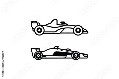 Two formula one race cars depicted in a striking black silhouette