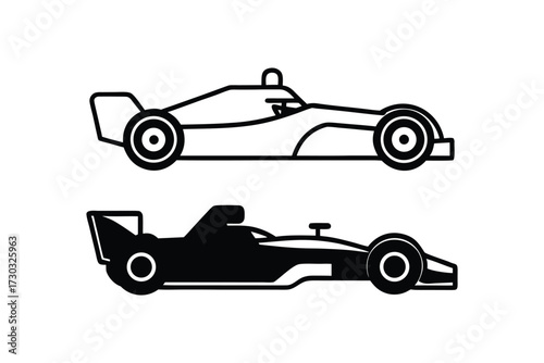 Two formula one racing cars in black and white detailed silhouette