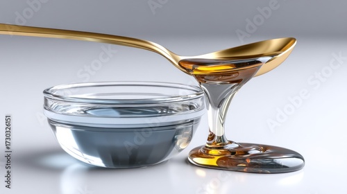 Close-up of viscous liquid being poured from a golden spoon into a glass bowl revealing translucence