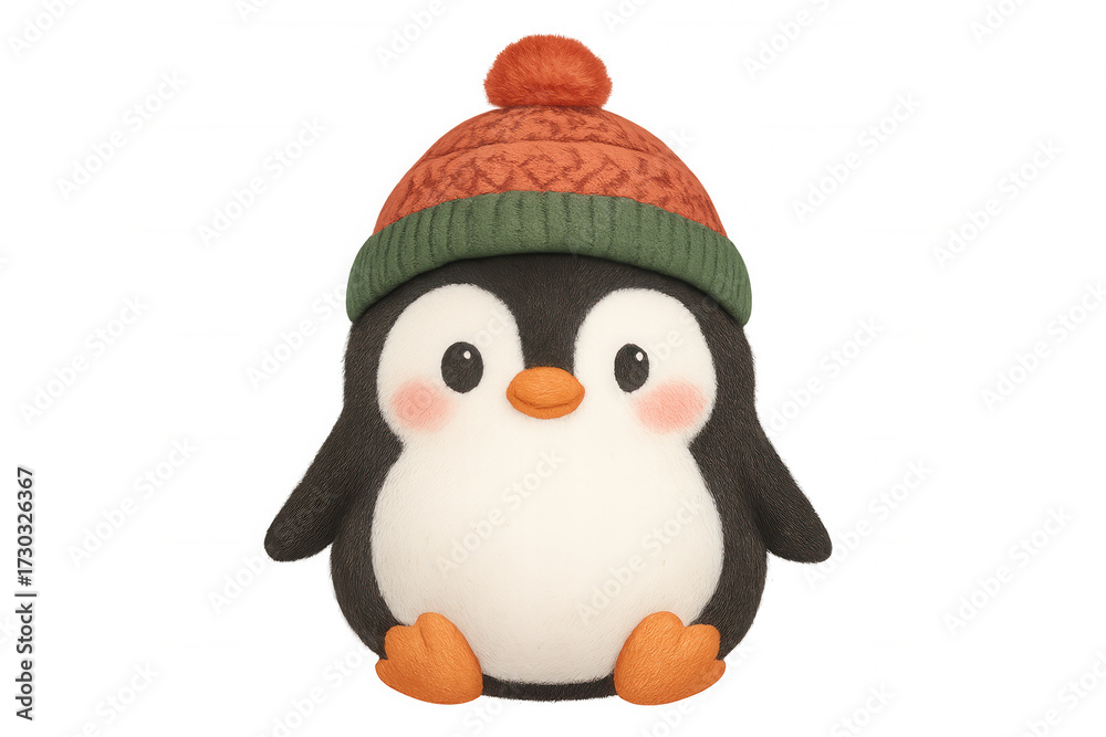 Fototapeta premium Cute cartoon penguin character wearing knitted winter hat. Adorable fuzzy animal mascot for christmas and holiday designs