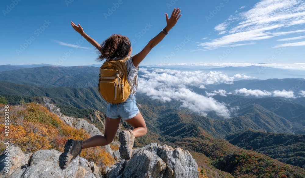 Obraz premium a person jumping for joy on top of the mountain, overlooking a beautiful scenic vista. they have their arms raised in celebration and wear hiking gear like backpacks and boots