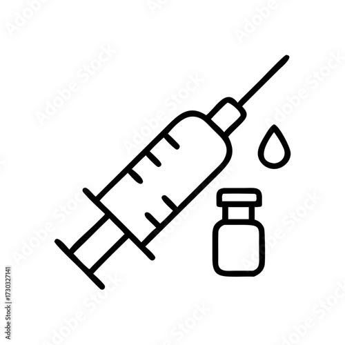 Syringe and vial with drop of liquid in minimal line art style  